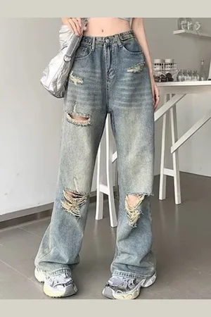 DressBerry Women Wide Leg Highly Distressed Light Fade Jeans