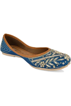 DESI COLOUR Women Teal Printed Leather Ethnic Ballerinas