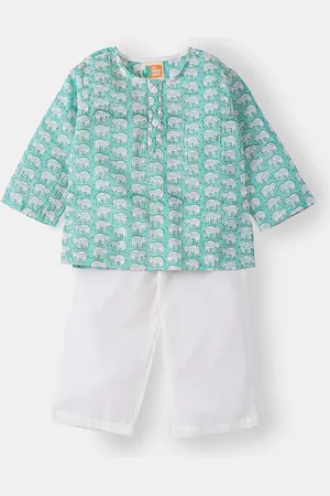 THE BABY LABEL Kids Sea Green & White Hand-Block Elephant Print Kurta Pajama Set