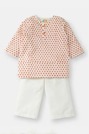 THE BABY LABEL Unisex Kids Orange & White Hand-Block Hearts Print Pure Cotton Kurta with Pyjamas