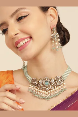 House of Pataudi Gold-Plated Kundan & AD Studded Peacock Chokar Necklace Set