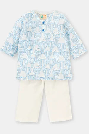 THE BABY LABEL Kids Blue Balloon Trip Pure Cotton Hand-Block Kurta Pajama