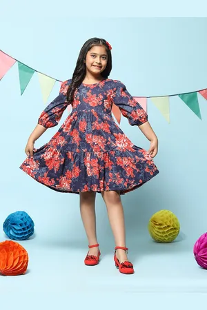 Biba Girls Floral Printed Puff Sleeve Cotton Fit & Flare Dress
