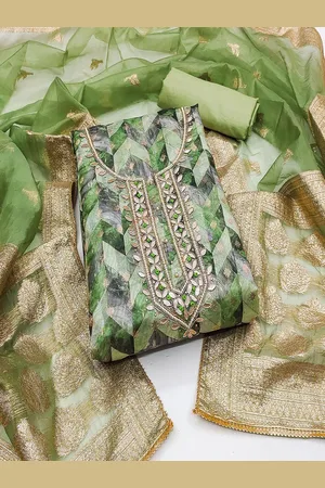 Lilots Floral Woven Design Beads and Stones Organza Jacquard Unstitched Dress Material