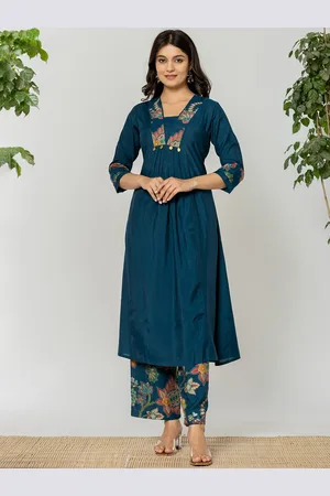 AUTUMN LANE Mika Floral Printed V-Neck Empire Pure Cotton A-Line Kurta With Trousers