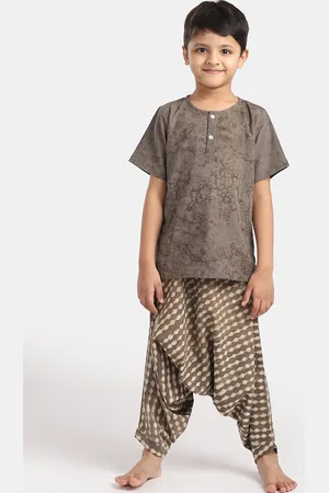 THE BABY LABEL Kids Brown Naturally Dyed Abstract Block Prints Kurta with Harem Pants