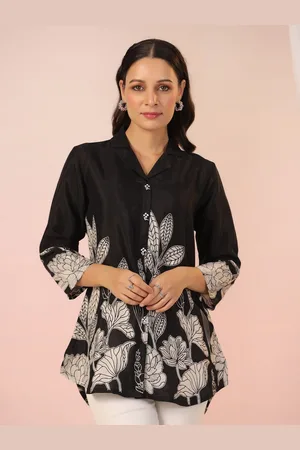 JISORA Women Black Printed Russian Silk Top