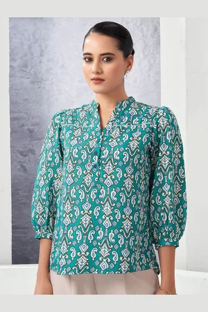 Selvia Women Ethnic Motifs Printed Mandarin Collar Cotton Top