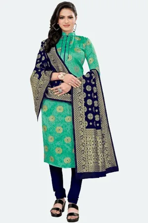 MORLY Women Sea Green & Blue Dupion Silk Unstitched Dress Material