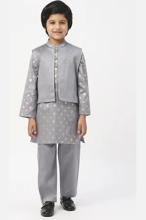 LIL DRAMA Boys Ethnic Motifs Printed Pure Cotton Kurta With Pyjamas & Jacket