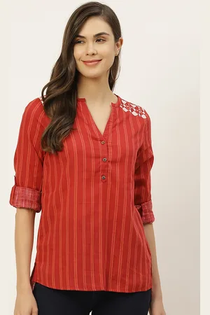 all about you Women Red Striped Pure Cotton Embroidered Regular Top