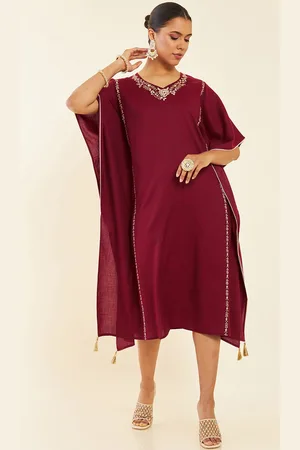 Soch Maroon Floral Embroidered Extended Sleeves Kaftan Midi Ethnic Dress