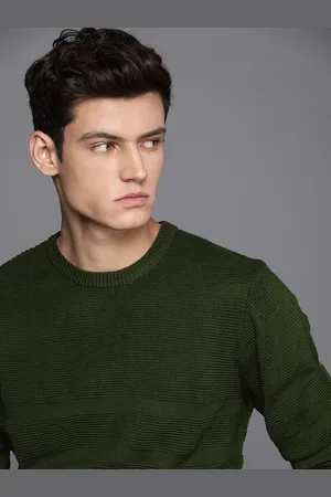 WROGN Men Green Solid Slim-Fit Pullover with Embroidered Detail