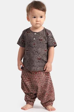 THE BABY LABEL Kids Brown & Maroon Printed Pure Cotton Kurta with Harem Pants