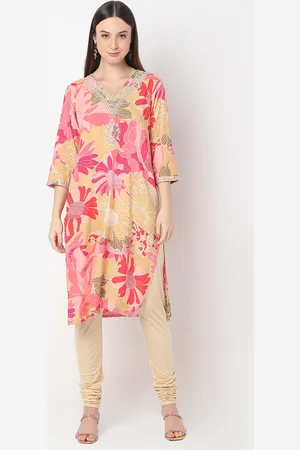 Ethnicity Floral Printed V-Neck Thread Work Straight Kurta