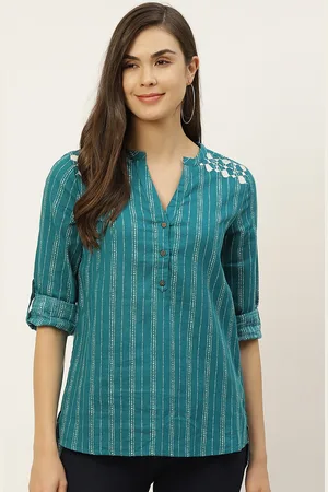 all about you Women Blue Striped Pure Cotton Regular Top