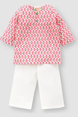 THE BABY LABEL Unisex Kids Pink Pure Cotton Hand-Block Print Kurta Pyjama Set