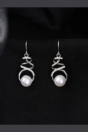 CLARA 925 Sterling Silver Rhodium Plated Pearl Beaded Contemporary Drop Earrings