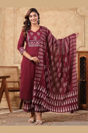 AUTUMN LANE Floral Printed V-Neck Pure Cotton Kurta With Trouser And Dupatta