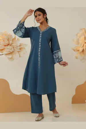AUTUMN LANE Embroidered V-Neck Pure Cotton Tunic And Trouser