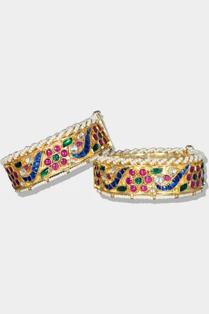 AURAA Trends Gold-Plated White & Blue Kundan Studded & Beaded Bangle Set