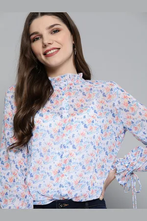 Mast & Harbour White & Blue Floral Printed Puff Sleeves Shirt Style Top