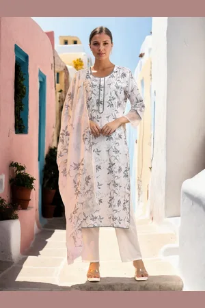 Jaipur Women Embroidered Regular Beads and Stones Linen Kurta with Trousers & With Dupatta