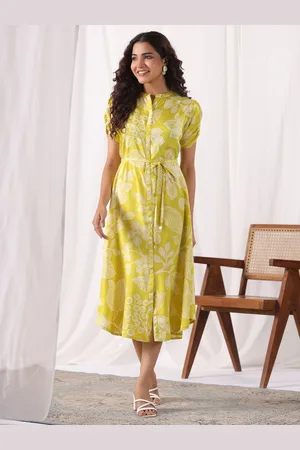 JISORA Women Yellow Printed Russian Silk Dress