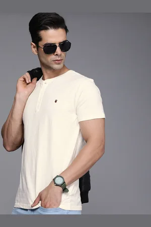 Louis Philippe Men Off White Henley Neck Pure Cotton T-shirt