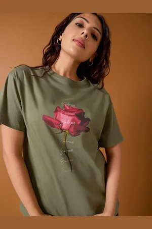 Mast & Harbour Women Floral Printed Round Neck Cotton Oversized T-shirt