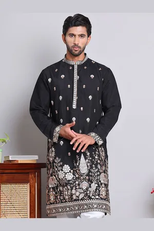 Jompers Floral Embroidered Mandarin Collar Long Sleeves Silk Cotton Straight Kurta