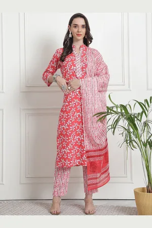 Kalini Printed Regular Thread Work Pure Cotton Straight Kurta with Trousers & With Dupatta