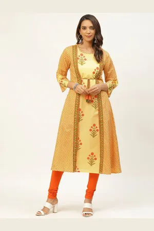 FABRIC FITOOR Women Yellow & Orange Floral Printed Layered A-Line Kurta