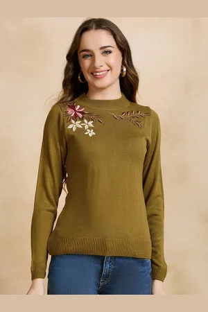 CLAPTON Women Floral Woollen Pullover with Embroidered Detail
