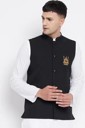 Even Men Black Embroidered Woven Nehru Jacket