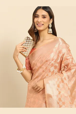 all about you Peach-Coloured & Pink Ethnic Motifs Zari Organza Kanjeevaram Saree