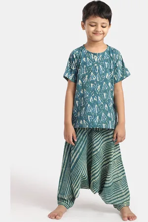 THE BABY LABEL Unisex Kids Green Naturally Dyed Abstract Block Printed Pure Cotton Kurta & Harem Pants