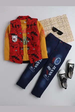 DKGF FASHION Boys Maroon & Yellow Printed 3-Piece Suit