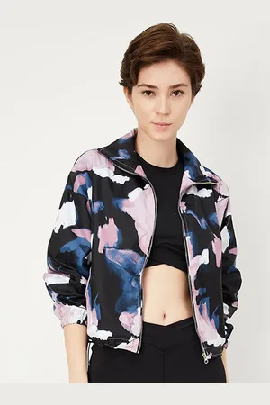 Max Collection Women Mock Collar Abstract Printed Casual Bomber Jacket
