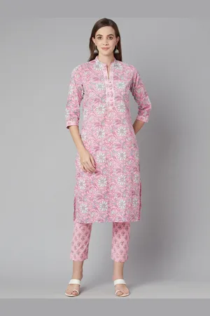 Divena World Women Pink Floral Printed Pure Cotton Kurta with Trousers