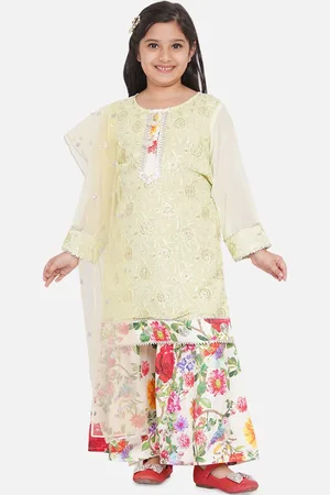Little Bansi Girls Lime Green & Yellow Floral Embroidered Sequinned Pure Cotton Kurti with Sharara & With Dupatta