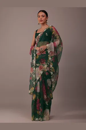 KALKI Fashion Floral Printed Beads and Stones Organza Saree