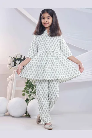 misbis Girls Floral Printed Mandarin Collar Pure Cotton Tunic & Trouser