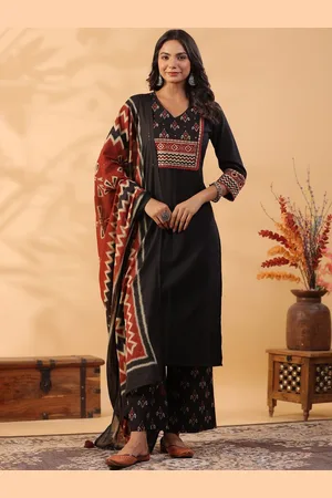 AUTUMN LANE Ethnic Motifs Yoke Design V-neck Pure Cotton Kurta With Palazzo & Dupatta