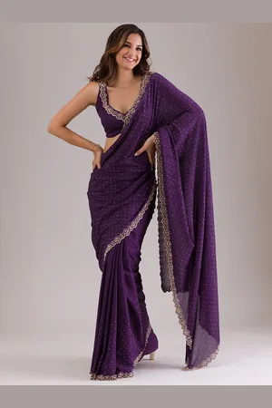 Koskii Purple Stonework Semi Crepe Saree