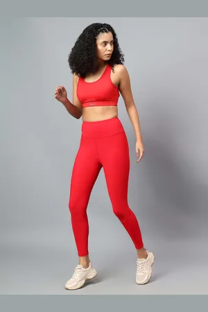 Fitkin Women Red Ribbed High Rise Active Tights