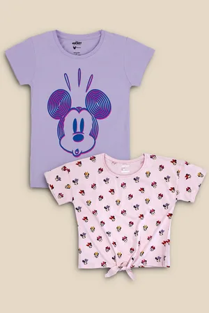 Kidsville Girls Pack Of 2 Pink & Purple Mickey Mouse Printed Pure Cotton T-shirts