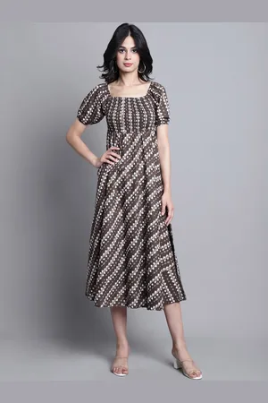 Kalini Abstract Printed Puff Sleeves Empire Midi Dress