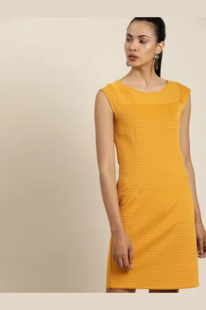 Invictus Women Mustard Yellow Self Striped Sheath Dress