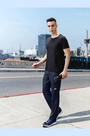Asics Men Navy Blue Brand Logo Printed Mid-Rise Running Track Pants With Side Stripes